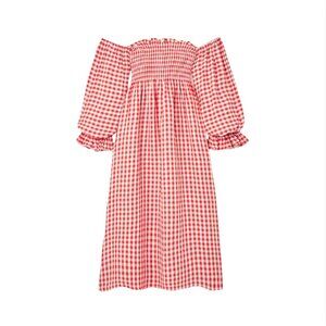 770. SLEEPER Atlanta Gingham Red Smocked Midi Dress $320 NWT Small